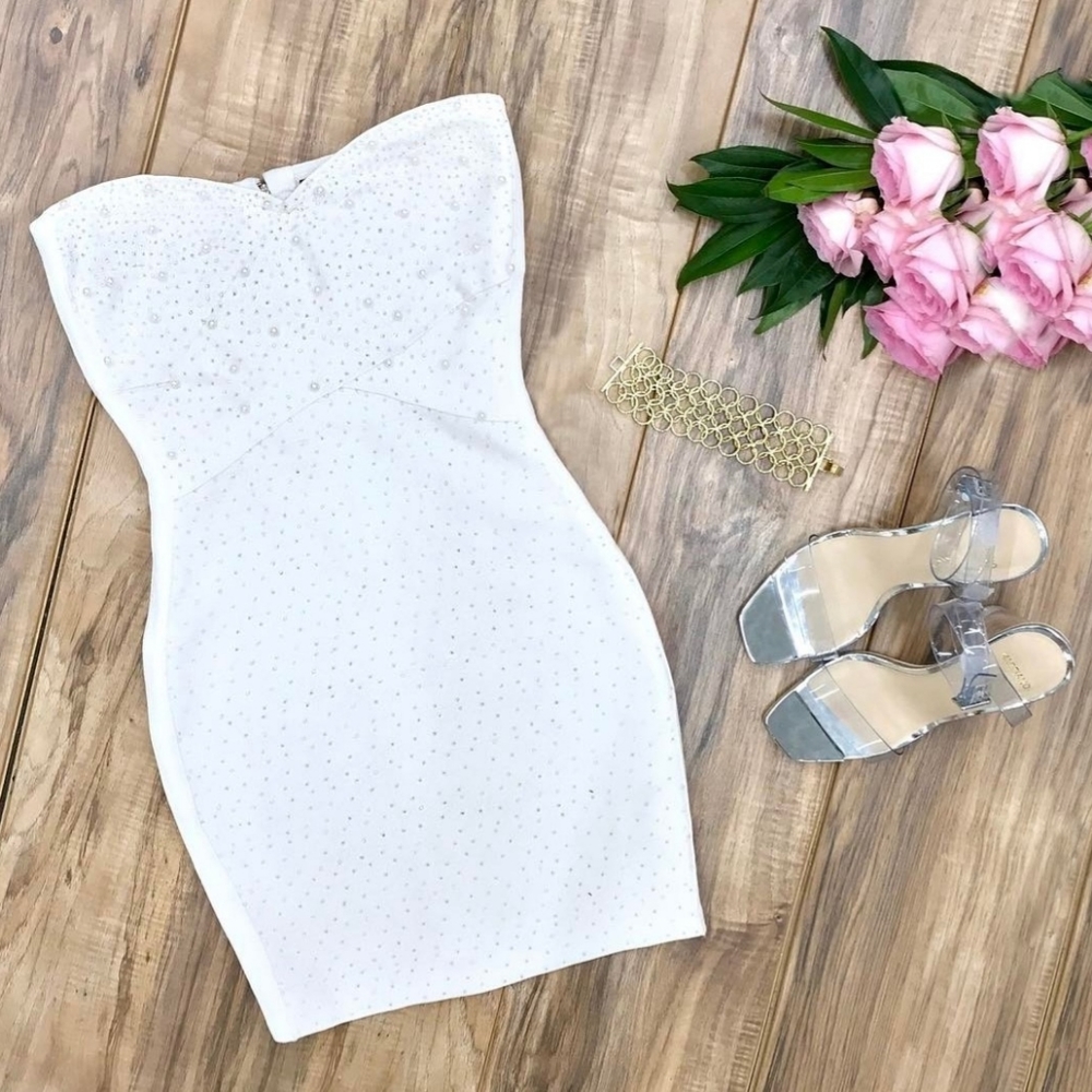 Marciano White Pearl Beads Sweetheart Tube Bandage Dress